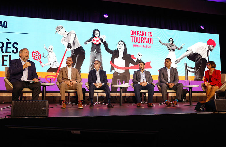 De gauche à droite: Thomas Mulcair, Sébastien Vachon, Alain Fortin, Guy Lecours, Baldwin Diaz Acosta et Lucie Fréchette.